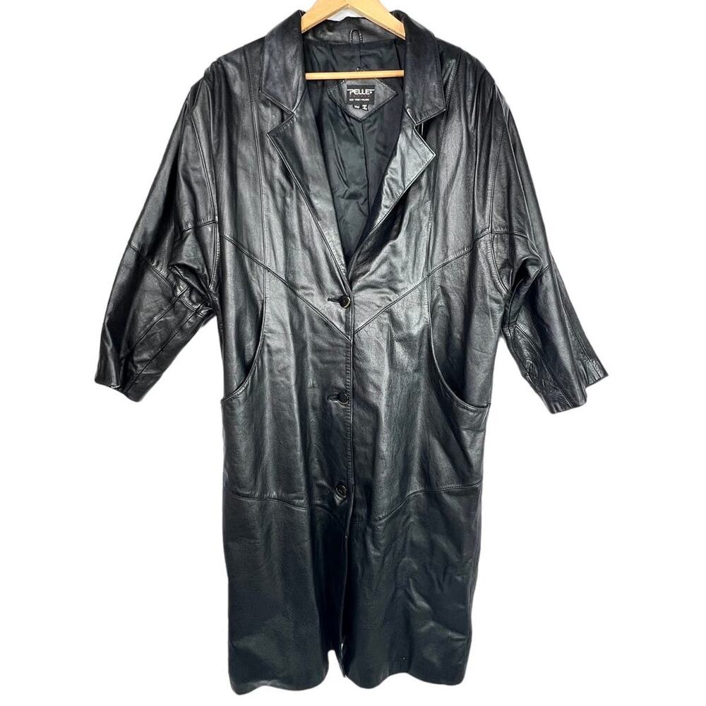 Vintage Pelle Petite Black Leather Oversized Trench Coat PM